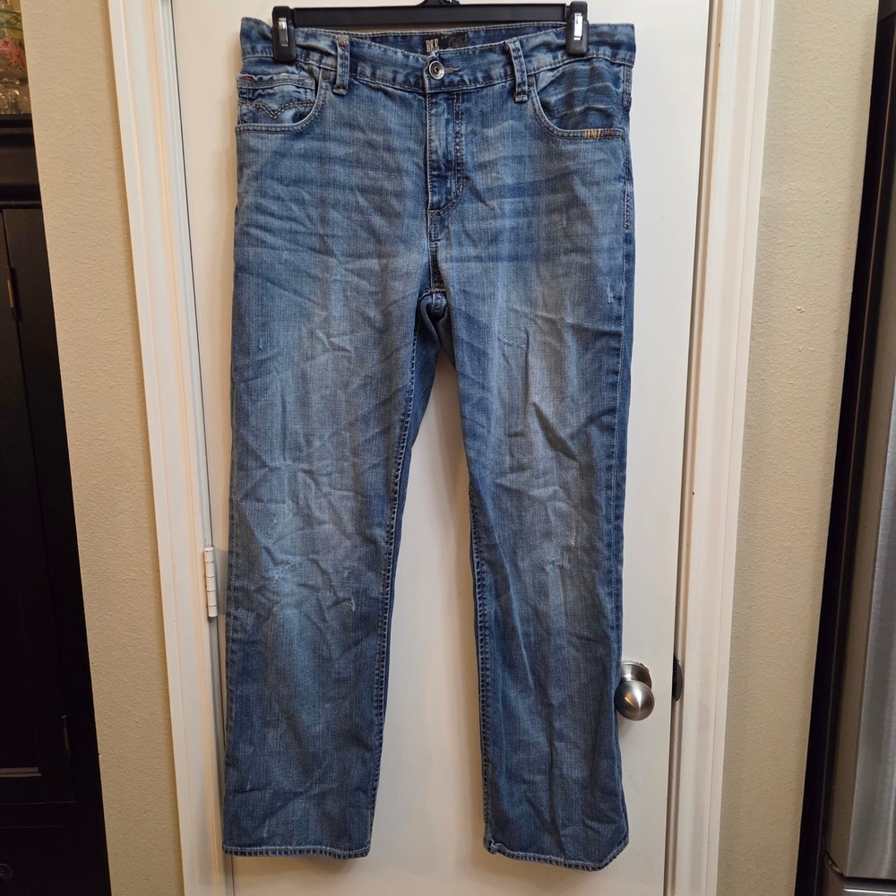 BKE Vintage Welder Mens Straight Leg Medium Wash Distressed Jeans 34S Blue